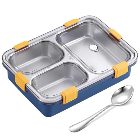 Adoraa - 3 Compartment Stainless Steel Lunch Box, Leakage Proof Lunch Box for School Kids and Adults Pack of 1 Blue,750ML
