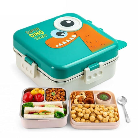 Adoraa - Super Dinosaur Green Kids Lunch Box – Stainless Steel Insulated Tiffin for School with Spoon, BPA-Free | Leak-Resistant Bento Box with Tray & Container | 1120ml + 70ml (Dinosaur, Green)