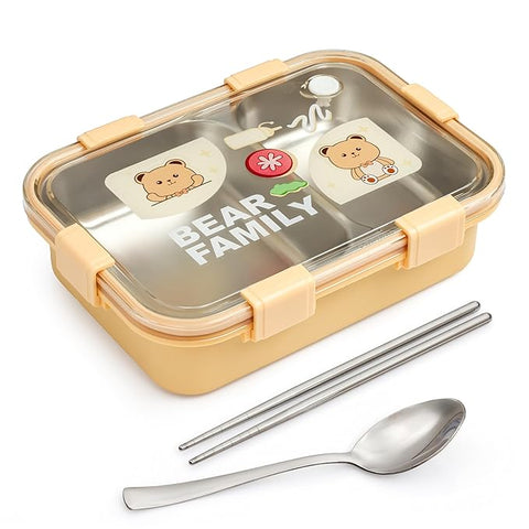 Adoraa -Bear Family Bento Stainless Steel Lunch Box with 2 Chopsticks and 1 Spoon, 22 * 16 * 6 cm (Yellow) 2408 3-Compartment | Premium Gift Item