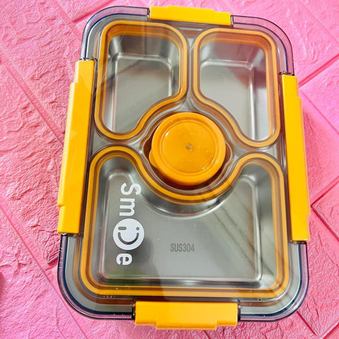Adoraa - Smile Stainless Steel Bento Lunch Box, 3 Compartments with Leakproof Lid, Yellow and Green