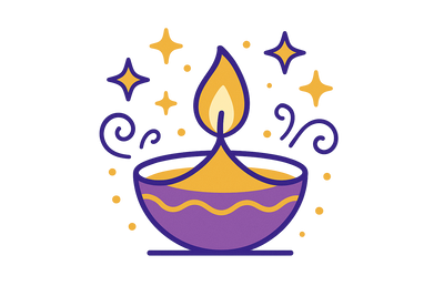Create a festive flat-style icon for festivals. Show a sparkling star, diya (lamp), or Christmas tree element with decorative accents. Use purple (#6A0DAD) as the outline, white (#FFFFFF) background, and gold (#FFD700) for sparkles or decorations. The style should look celebratory and suitable for a gift store website.