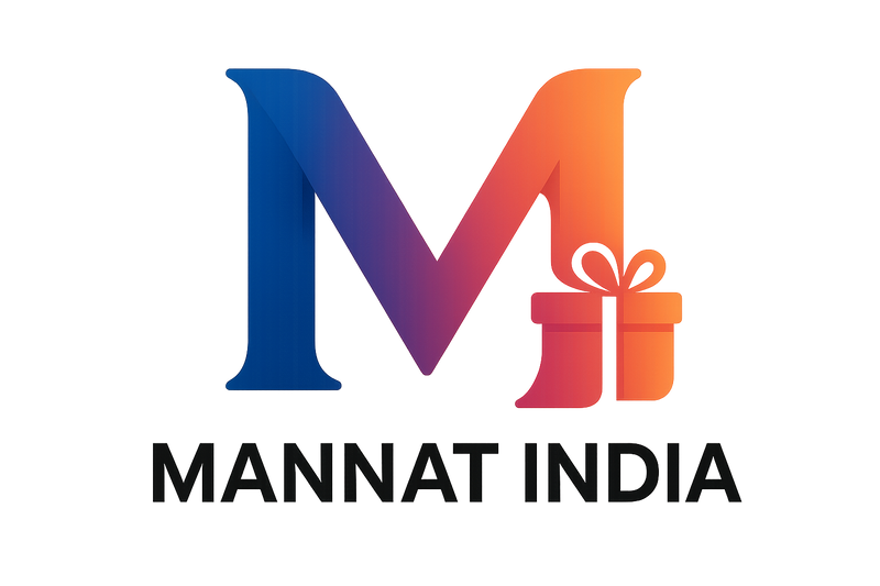 Create a high-resolution, vector-style logo of 'Mannat India' featuring the letter 'M' in bold, colorful design, with a small gift box icon incorporated in the logo. Use vibrant colors and clean lines. Transparent background, 4K quality, modern and professional style