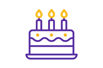 Design a clean flat-style icon of a birthday cake with candles. Use purple (#6A0DAD) as the primary outline color, white (#FFFFFF) background, and gold (#FFD700) accent on the candles or cake decoration. The style should be cheerful, modern, and consistent with a gift store theme