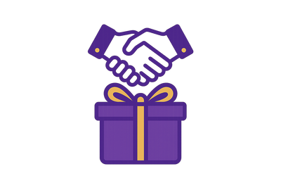 Design a clean, modern flat-style icon for corporate gifting. Show a gift box with a business briefcase or handshake symbol. Use purple (#6A0DAD) as the base outline, white (#FFFFFF) background, and gold (#FFD700) accent on the ribbon or handshake detail. The design should look professional yet festive