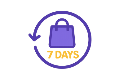 esign a clean and modern vector icon that represents 'Return Within 7 Days'. Use Purple (#6A0DAD) as the primary color, White (#FFFFFF) as the background, and Gold (#FFD700) as an accent highlight. The icon should feature a circular arrow (↺) around a shopping bag or box, with the text '7 Days' clearly visible inside or near the design. Keep the style minimalistic, flat, and rounded with consistent line weight. It should look professional, cheerful, and suitable for an e-commerce website UI.